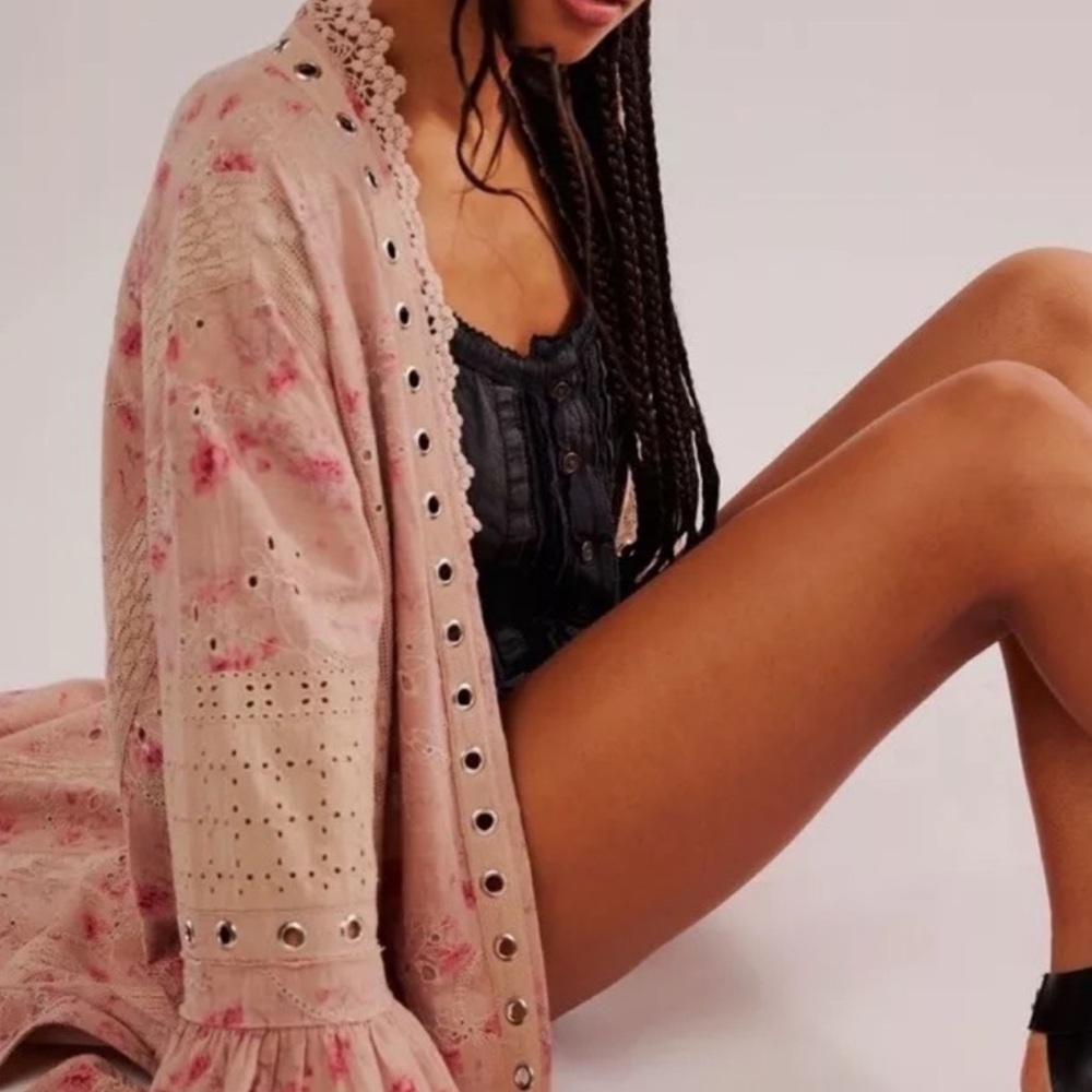 Free people On the road Duster Floral Eyelet Lace Trim boho cardigan SZ various - Picture 6 of 16